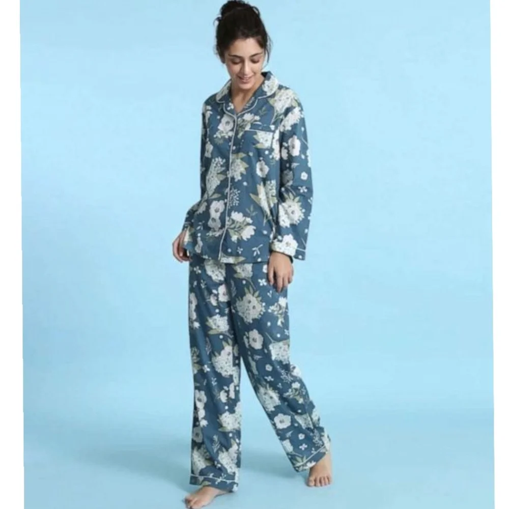 NWT Mahogany Blue Floral Camila Long Sleeve PJ Set 100% Cotton Size 2X - Picture 1 of 15